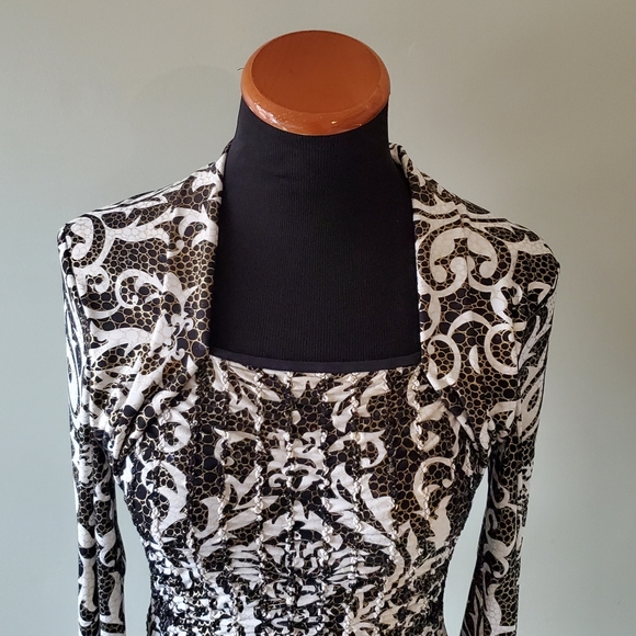 Joseph Ribkoff 8 Black Metallic Gold Sequins Gathered Pleated Square Neck Top - Picture 3 of 8